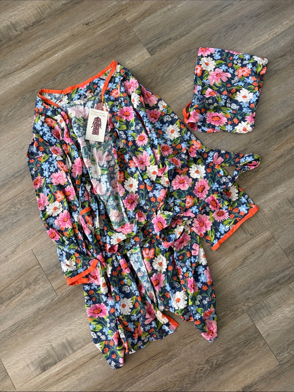 Floral Pajama Robe Set with Orange Trim - Navy Pink White Floral